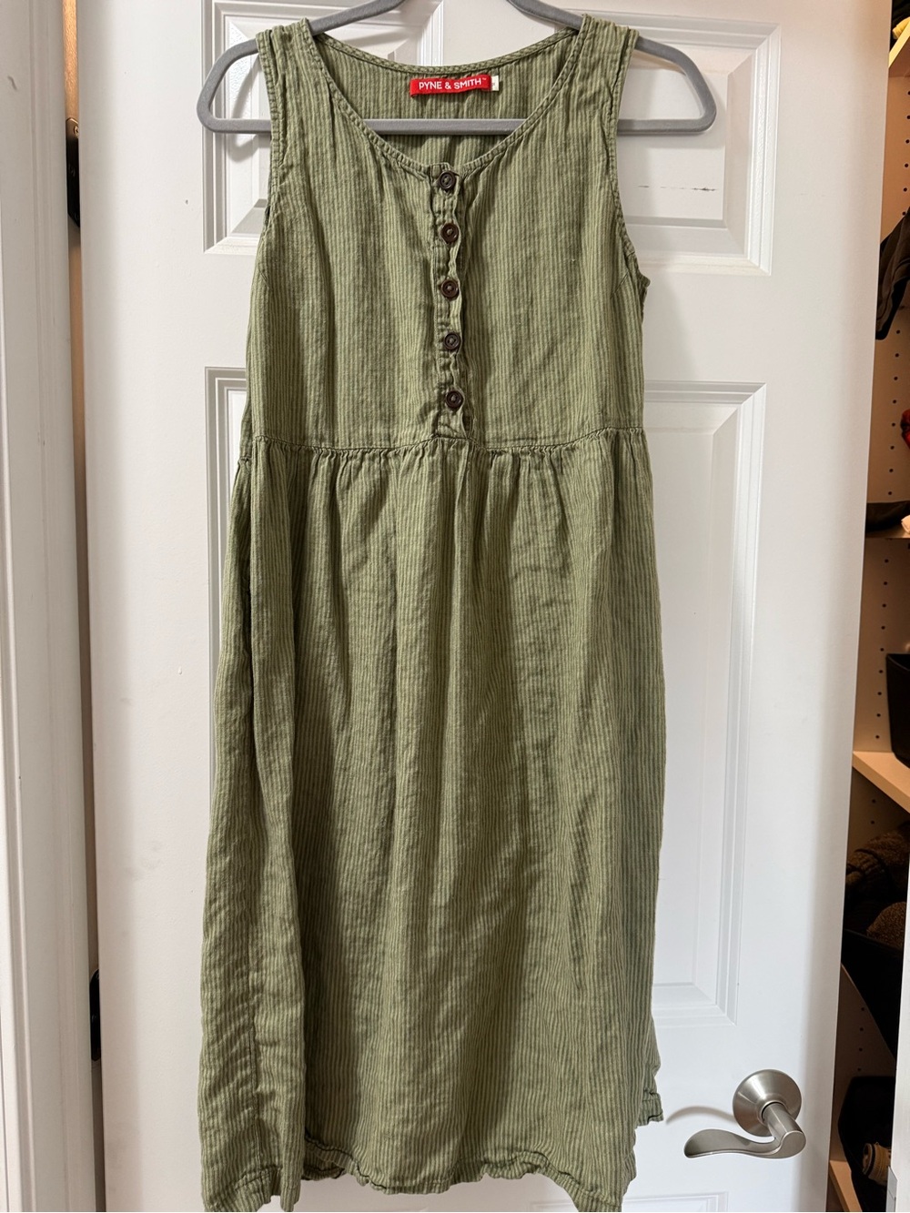 Pyne & Smith No. 24 Linen Dress Green Stripe Button Front Size medium